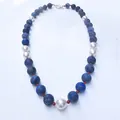Blue natural stone beads and freshwater pearl necklace with gold toggle clasp - Necklace 29 (38+5cm)