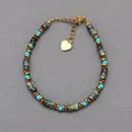 Retro turquoise beaded bracelet with green marble stones and heart charm gold toggle - Ink Blue & Gold Spaced Bracelet