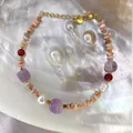 18K vergulde roestvrijstalen armband met kleurrijke natuursteen en witte zoetwaterparels - Meerkleurige Kralen met Parel