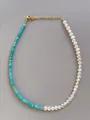 Detail of handmade necklace with light blue stones, freshwater pearls and 18k gold clasp - Amazonite Patchwork Style (16)