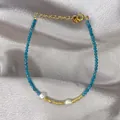 Detail of blue faceted stone beads with baroque pearls and gold-plated titanium steel clasp - Deep Blue Matte Beads with Baroque Pearl