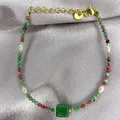 Detail of 18K gold-plated bracelet with colorful beads, pearls and green stone - Red Green Mixed Beads with Square Stone