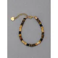 Bracelet vintage français avec perles œil de tigre et breloque en forme de cœur - Bracelet Oeil de Tigre Disque / 17+3cm / Multicolore Mixte