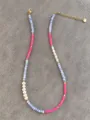Detail of colorful beaded necklace with blue faceted gems and white baroque pearl - Blue Rose Red Patchwork Style (20)