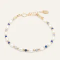 Retro lapis lazuli and freshwater pearl beaded bracelet for women with gold clasp - Artificial Pearl and Blue Faceted Beads with Round Tag (Bracelet 6) / 17+3cm