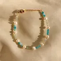 Detail of 18K gold plated bead bracelet with natural pearls and colorful stones - Green Blue Beads with Irregular Pearl