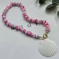Pink and purple colorful shell beaded necklace with a white scallop shell pendant charm - Pink Shell Gravel (43cm)