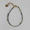 Detailed view of colorful natural stone beads and 18k gold plated heart charm bracelet - Forest Green Mix