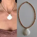 Terracotta beaded necklace featuring a natural white shell pendant and gold lobster clasp - Brown Abacus Beaded Necklace (25B8) / 38+5cm / Brown