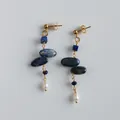 Detailed shot of handmade lapis lazuli drop earrings with pearls and gold wire - Lapis Lazuli Artificial Pearl Earrings (Pair)