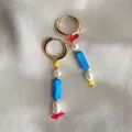Colorful natural stone beaded drop earrings with gold hoops on champagne silk fabric - Red Irregular Piece with Pearl Style