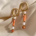 Retro style dangle earrings with colorful natural stones and pearls on champagne fabric - Vintage Orange Cylindrical Bead Style