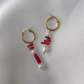 Asymmetric gold hoop earrings with red branch beads and white pearls for women - Asymmetric Red Branch Bead Style