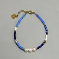 Blue and white glass bead bracelet with natural pearls and golden heart pendant charm - Blue White Gradient Pearl Heart Charm Style (7)