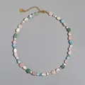 Close-up of handmade beaded necklace with baroque pearls and pink and green stones - One Size / Fresh Pink Green Necklace