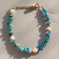 Dettaglio del braccialetto in pietra naturale fatto a mano con perle d'acqua dolce - Stile Perla Frammenti di Pietra Blu Verde (25SL1-36) / 17+3cm