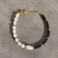 Detail of handmade freshwater pearl and black onyx bead bracelet with gold lobster clasp - Black And White Color Block Pearl Style (9)