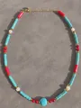 Detail of colorful necklace featuring turquoise beads, red stones and freshwater pearls - Blue Red Color Block Cylinder Ethnic Style (15)