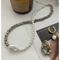 Elegant Baroque pearl and Dalmatian stone jewelry set with golden metal hoop earrings - Pearl and Leopard Skin Jasper (38+5cm) / One Size