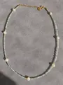 Handmade beaded necklace with white pearls and light green gemstones in 18k gold plating - White Green Elegant Style (35)