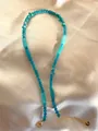 Detail of beaded necklace with blue natural stones and gold lobster clasp on silk - Blue Green Faceted Bead Rectangle Style (22)