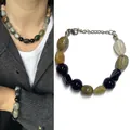 Detail of oil painting style natural stone necklace and bracelet set on grey cardigan - One Size / Oil Painting Color Bracelet (17+3cm)