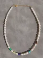 Detail of colorful beads and freshwater pearls necklace with gold adjustable chain - Irregular White Pearl Color Cylinder Style (24)