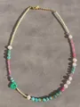 Detail of colorful gemstone and pearl necklace with a green marble heart pendant - Pink Yellow Spar Heart Green Pendant Style (25)