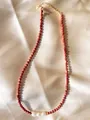 Handmade beaded necklace with red natural stones and white pearls in gold finish - Red Brown Faceted Style (37)