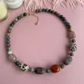 Mixed natural stone beaded necklace with gold heart clasp and assorted colorful gemstones - One Size / Irregular Leopard Style Necklace
