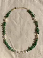 Close-up of handmade necklace with green natural stones, freshwater pearls and gold clasp - Green Stone White Pearl Natural Style (27)