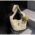 Borsa da spiaggia in paglia intrecciata crema fatta a mano con chiusura a bottone - Taglia unica / Bianco Sporco