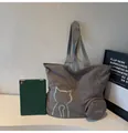 Dark grey canvas tote bag featuring green cat print and matching round coin purse - One Size / Gray