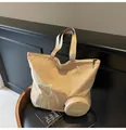 Beige canvas tote bag with green cat print and round matching coin purse - One Size / Khaki