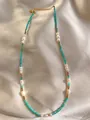 Handmade beaded necklace with blue gemstones, freshwater pearls and 18k gold plating - Lake Blue Irregular Pearl Style (17)