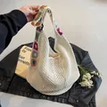 White crochet hobo tote bag featuring bohemian colorful floral knit shoulder strap - Off White