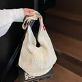 White crochet tote bag with colorful floral strap for summer beach holidays - Khaki