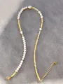 Handmade beaded necklace with white pearls, yellow beads and 18k gold plated titanium - Yellow Pearl Simple Style (42)