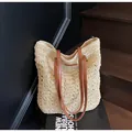 Chic cream-white handmade straw tote bag with brown leather straps for beach holidays - Off White