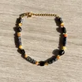 Bracciale artigianale con pietre occhio di tigre, ossidiana e chiusura a moschettone - Stile Combinazione Occhio di Tigre Ossidiana (25SL1-49) / 17+3cm