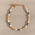 Handmade beaded bracelet with white pearls, blue stones, and gold adjustable clasp - Lapis Lazuli Sunstone Pearl Combined Style (44)