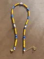 Handmade necklace with yellow rectangle beads, blue beads, and white pearls with gold clasp - Yellow Blue Splicing Summer Vacation Style (46)