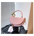 Pink crescent leather box bag with gold metal handle and adjustable shoulder strap - Pink / One Size