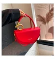 Elegant red leather crescent handbag with unique gold ring handle and shoulder strap - Red / One Size