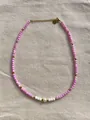 Perlenhalskette mit rosa Edelsteinen und Süßwasserperlen, 18k vergoldeter Titanstahl - Rosa Weiß Gold Herzanhänger (47 Halskette)