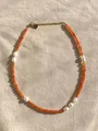 Handmade necklace with orange faceted stones and freshwater pearls with heart charm - Orange Red Faceted Baroque Heart Style (49)