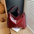 Large vintage burgundy tote bag in glossy oil wax leather with silver chain strap - Red / One Size