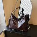 Large capacity hobo bag in dark brown glossy oil wax leather with silver metal chain - Coffee / One Size