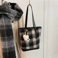 Chic black and white checkered tote bag with plush heart charm and matching scarf set - With Pendant / Black Plaid