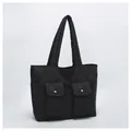 Black large capacity canvas tote bag with dual front pockets and padded shoulder straps - Black